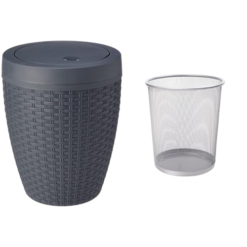 Addis Faux Rattan Round Swing Lid Bathroom Bin, Charcoal, 517488 & KEPLIN Round Trash Can - 1 Pack Silver Non-slip Mesh Bin