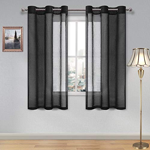 DWCN Sheer Curtains, Grommet Top Short Solid Semi Transparent Faux Linen Voile Window Curtain Drapes, Light Filtering for Living Room and Bedroom Set of 2 Panels, 46 x 45 Inches Long, Black