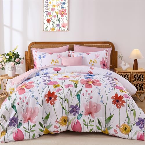 "Annibedding Floral King Comforter Set, 8 Piece Pink Flower Bed in a Bag, Floral Reversible Comforter with Sheet Set, Soft Lightweight Microfiber Bedding Set (Pink,90""x104"")"