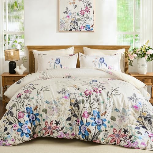 WONGS BEDDING Floral Comforter Set Queen, 7 Piece Beige Bed in a Bag Bedding Set with Botanical Flowers Patterns, Soft Lightweight Complete Comforters with Sheets for All Season