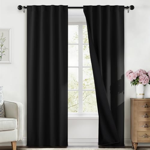 SimpleHome 100% Blackout 84 Inch Black Curtains for Living Room - Curtains for Bedroom,Rod Pocket and Back Tab Window Drapes,Room Darkening Curtains with Black Back,40 x 84 Inch,2 Panels
