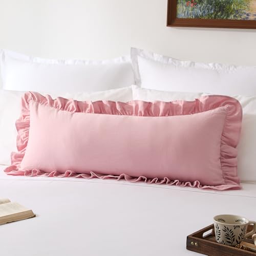 Kevin Textile 14x36 Inch Long Lumbar Pillow Cover 1 Pack 100% Cotton Lace Ruffles Scalloped Decorative Rectangle Cushion Case Soft Body Pillow for Bedding Couch Sofa, Pink
