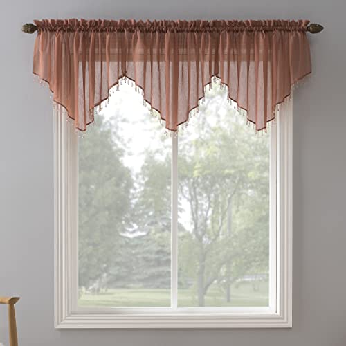 "No. 918 Erica Crushed Voile Ascot Beaded Sheer Rod Pocket Curtain Set, 153"" x 24"", Cedar"