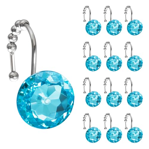 Sunlit Luxury Design Round Aqua Blue Diamond Crystal Gem Bling with Glide Balls Shower Curtain Hooks, Rust Proof Metal Rhinestones Glam Shower Curtain Rings-12 Pack
