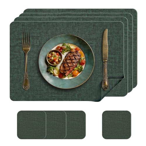 KitchenBoss Washable Placemats and Faux Leather Coasters, Set of 4 Placemats, Washable Place Mats, for Use in Kitchens, Dining Rooms and Offices, Green, 43 x 30 cm