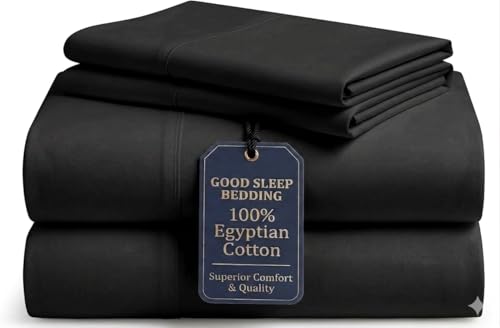 "Good Sleep Bedding Queen Size Bed Sheet Set - Egyptian Cotton, 4 Pc, Luxury Sateen Weave, Deep Pocket 16"" - Black"