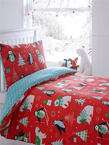 Frosty Friends Quilt Duvet Cover 2 Pillowcase Bedding Bed Set Christmas Trees Penguins, Red, King
