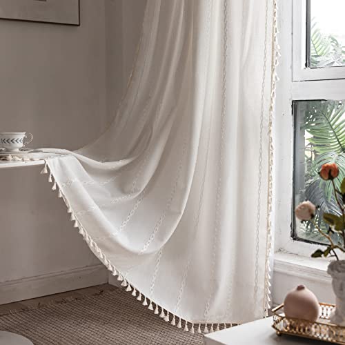 RoomTalks White Modern Farmhouse Textured Curtains for Bedroom Living Room 63??????L x 52??????W Light Filtering French Country Boho Chic Tassel Window Curtain Panels Striped Bohemian Draperies