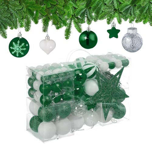 Relaxdays Christmas Ornaments, Set of 101, Glittering, Tree Decorations, Baubles & Stars, Plastic, Traditional, Green