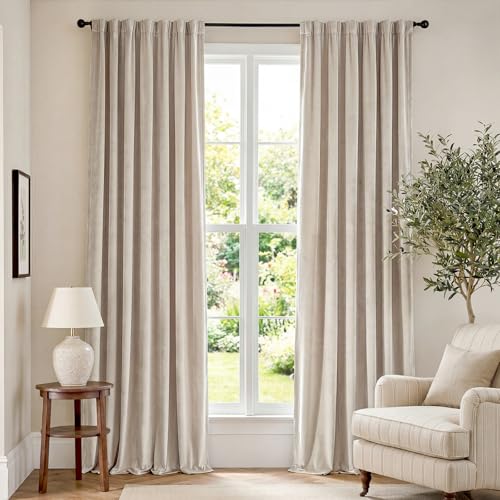 Lazzzy Beige Velvet Curtains Thermal Insulated Curtains 96 Inch Long Room Darkening Heavy Duty Soft Luxury Cream Velvet Curtains Drapes for Bedroom Window Treatment 2 Panels Rod Pocket Beige
