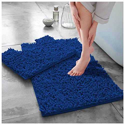 GC GAVENO CAVAILIA Soft Bath Mat Sets For Bathroom - 2 Piece Bath Mat Non Slip Back - Highly Water Absorbent & Fast Drying 100% Microfiber Chenille Toilet Rug with Pedestal Mat - Royal Blue
