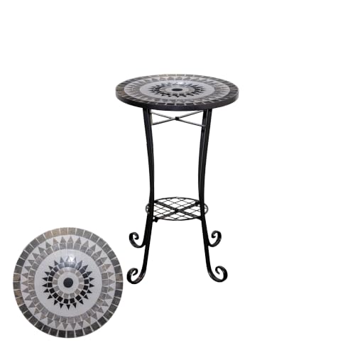 Mosaic Side Table 35cm Round Plant Stand with Shelf Medina Metal Tile Top
