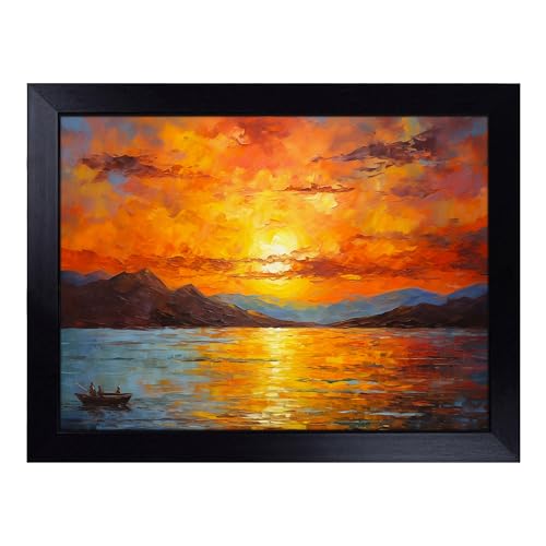 Lap Tray with Bean Bag Cushion, Sunset Palette Knife - Handmade in the UK, Raised Wooden Edge, Padded Cushion, Heat-Resistant Wipe-Clean Surface, for Meals, Laptops and Crafts