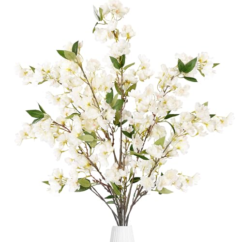 Sggvecsy Artificial Cherry Blossom Flowers 3 Pcs Faux Cherry Blossom Stems Faux Silk Cherry Blossom Branches 35.4?????? Fake Flowers Long Stems for Vase Arrangements Home Wedding Table Decor (White)