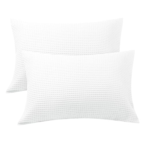 Waffle Weave Pillowcases King Size 2 Pack, 100% Egyptian Cotton 600 Thread Count, Ultra Soft Pillow Shams with Envelope Closure, Breathable Skin-Friendly Pillow Case, White, 20x36 Inches