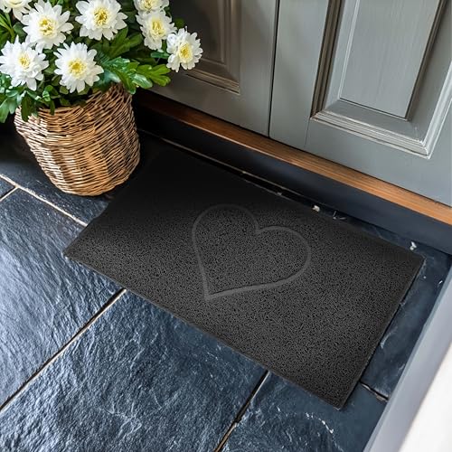 Nicoman Embossed Entrance Door Mat, Heart Shape Non Slip Dirt Trapper PVC Spaghetti Mat with Rubber Base, Jet Washable Quick Drying Doormat Drainage Outdoor Use Only - (Medium, Black, 75 x 44cm)