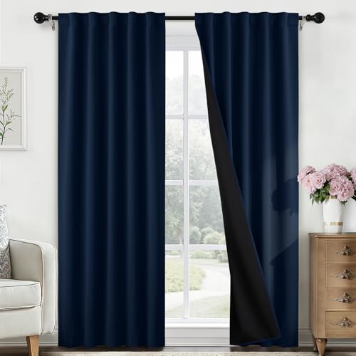 SimpleHome 100% Blackout 84 Inch Navy Blue Curtains for Living Room - Curtains for Bedroom,Rod Pocket and Back Tab Window Drapes,Room Darkening Curtains with Black Back,52 x 84 Inch,2 Panels