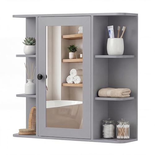 CASART Bathroom Mirror Cabinet, Wall Mounted Storage Cupboard with Single Door and Adjustable Shelves, Wooden Medicine Cabinet Display Organizer Unit for Kitchen Living Room (Grey, 66 x 16.5 x 63cm)