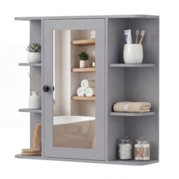 CASART Bathroom Mirror Cabinet, Wall Mounted Storage Cupboard with Single Door and Adjustable Shelves, Wooden Medicine Cabinet Display Organizer Unit for Kitchen Living Room (Grey, 66 x 16.5 x 63cm)