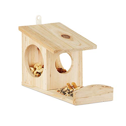 Relaxdays Squirrel Feeder House, Feeding Station Box, Hanging, Wooden, HWD: 17.5 x 14 x 25 cm, Natural, 10026317_126