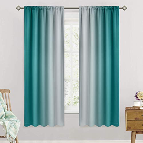 SimpleHome Ombre Rod Pocket Teal Curtains for Bedroom, 52Wx63L - Room Darkening Curtains for Bedroom,Gradient Light Blocking Curtain,Thermal Insulated Window Drapes,2 Panels,63 Inch