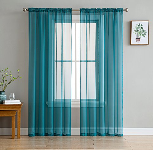 HLC.ME Grey Teal Sheer Voile Window Treatment Rod Pocket Curtain Panels for Bedroom, Kitchen, and Living Room (54 x 72 inches Long, Set of 2)