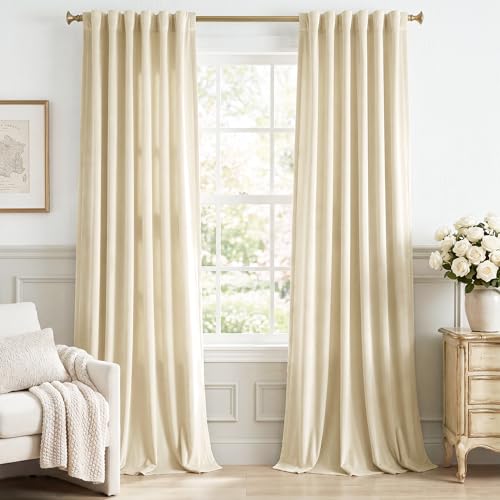 StangH Beige Velvet Curtains 96 inches Long Back Tab Room Darkening Privacy Protect Window Treatment Thick Sliding Door Drapes for Living Room/Bedroom, W52 x L96, 2 Panels