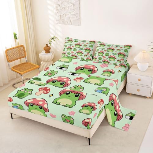Castle Fairy Mushroom Frog Bedding Set Full Size Cute Mushroom Sheet Set 4pcs for Kids Girls Boys Bedroom Decor Cartoon Animals Plants Deep Packet Fitted Sheet Pink Green Top Flat Sheet,2 Pillowcases