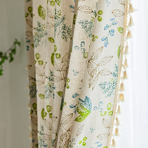ENJOYBRIDAL Leaf Curtains 84 Inch Length 2 Panels Tassel Boho Semi Sheer Drapes Bedroom Living Room Farmhouse Floral Rustic Country Rod Pocket Cotton Linen Blend Window Curtain Panel