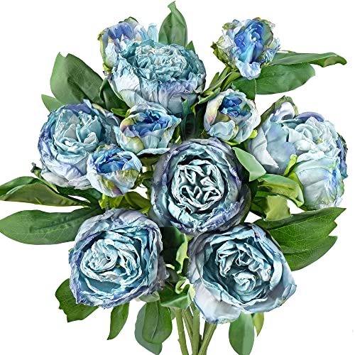 FiveSeasonStuff Vintage Dusty Blue Peonies ??? Realistic Artificial Silk Flowers with Dry-Look Petals, 6 Stems for Rustic Home & Wedding Bridesmaids Bouquet Bridal Showers