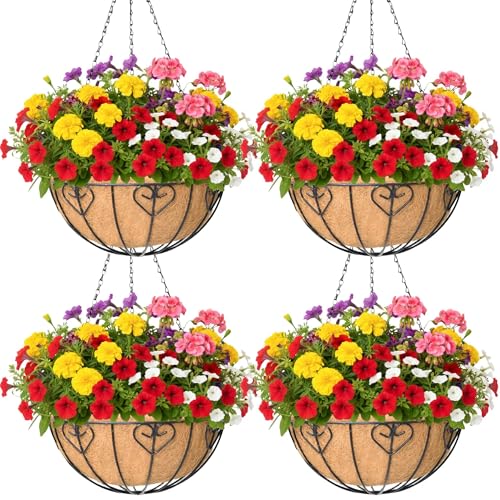 KIDYBELL 4 Pack 16 Inch Hanging Planters for Outdoor Plants, Metal Hanging Basket with Coco Coir Liner, Black, Modern