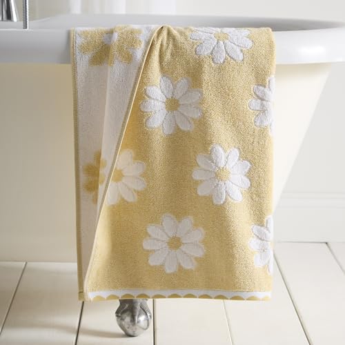 Dreams & Drapes Daisy Floral Bath Sheet Ochre – Large Soft Absorbent 100% Cotton Jacquard Floral Bathroom Towel, Quick‑Dry, Durable Everyday Use Bath Sheet for Modern Home Bathrooms – Ochre