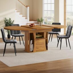 FAVSH Extendable Dining Table with Three-Tier Storage,Extendable Table Top Round Dining Table,Extends to Oval,118–158 cm,Seats Up to 6 People,for Small Space,Dining Room,Walnut