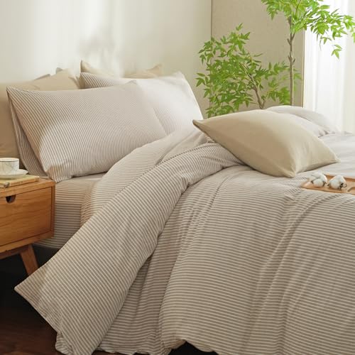 MWL Toy Striped Duvet Cover Set Full Size 3 Pcs Breathable Durable 100% Washed Cotton Comforter Cover for All Seasons Chic Linen Like Textured Bedding Set (Light Brown White Pinstripes, Full)