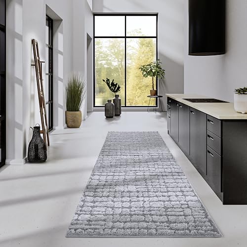 Elle Decor ation High Pile Artistique Rug - Modern Living Room Rug Runner, Long Pile Shaggy, Modern Pattern, Fluffy Soft Boho for Living Room, Bedroom - Light Grey, 80 x 240 cm