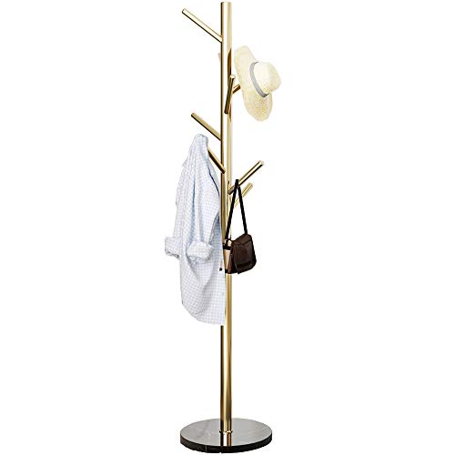 Jolitac Metal Coat Rack Stand Golden Satin Steel Finish Stable Marble Base, High-Grade with Hooks Metal Tree Hat & Coat Hanger Floor Free Standing Wall Bedroom Easy Assembly (Golden)