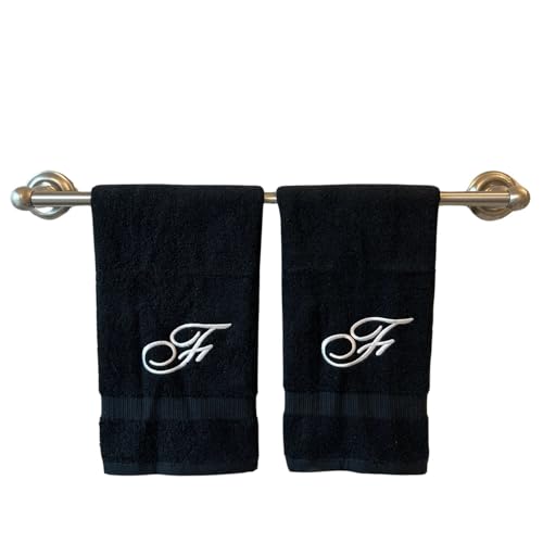 Decorvo Black Monogrammed Hand Towels for Bathroom - Luxury Hotel Quality Personalized Initial Embroidered Towel for Powder Room, Spa - GOTS Organic Certified - Set of 2 White Letter F