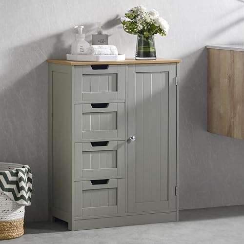 Bath Vida Freestanding Bathroom Floor Cabinet, 4 Drawers & 1 Door Wooden Storage Unit, with Adjustable Shelf for Bathroom, Living Room, Kitchen, Entryway, 30Dx60Wx81H (Grey & Oak)