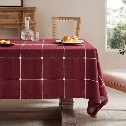 ZeeMart Grid Embroidered Rectangle Tablecloths 60x104in, Hem/Burgundy - Heavy Weight Non-sheer Linen Fabric, Mitered Corner Finish, Water Resistant Farmhouse Table Cover, Boho Plaid Home Decor