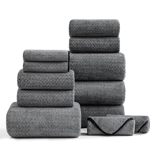 Ultra Soft Bath Towel Set,12 Piece (4 Bath Towels,4 Hand Towels,4 Washcloths) Family Bathroom Towel Set with Hanging Loops,Quick Dry Extra Absorbent Fluffy Shower Towel for Bathroom,Hotel,Spa-Black