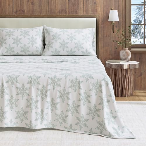 Great Bay Home 100% Turkish Cotton Full Winter Flannel Sheet Set - Deep Pocket, Soft Sheets - Warm, Double Brushed Bed Sheets - Anti-Pill Flannel Sheets (Full, Snowflake-Simple White)