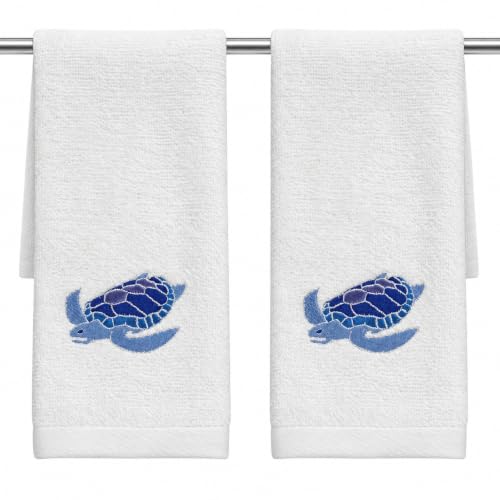 "Serafina Home Sea Turtle Fingertip Towels Summer Soft Absorbent Bathroom Guest Decor : Aqua Blue Turquoise Royal Blue Embroidery Design, 2 Piece 12"" x 18"" Inches"