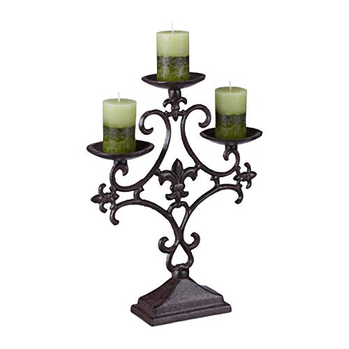 Relaxdays Candlestick Antique, 3 Arms, Outdoor Candlelight Holder, Tabletop Candlelight, Rustic, Cast Iron, Brown