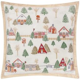 Paoletti Winter Ski Lodges Feather Filled Cushion – Luxury Winter Lodge Embroidered Cotton Velvet Oxford Edge Festive Decorative Pillow (White – 50x50cm)