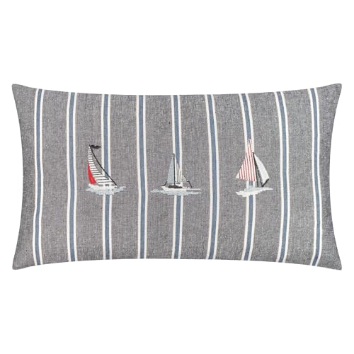 furn. Wylder Abersoch Regatta Feather Filled Cushion – Embroidered Nautical Stripe Coastal Sailboat Cotton Decorative Pillow (Navy – 40x60cm)