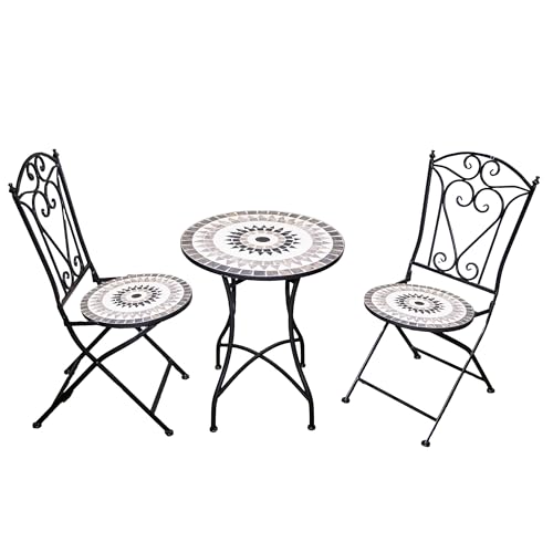 Mosaic Bistro Set 3 Pieces - 2 Folding Chairs and Round Table 60cm Medina Metal Outdoor Garden Furniture Set for Balcony, Terrace, Porch, Outdoor Dining