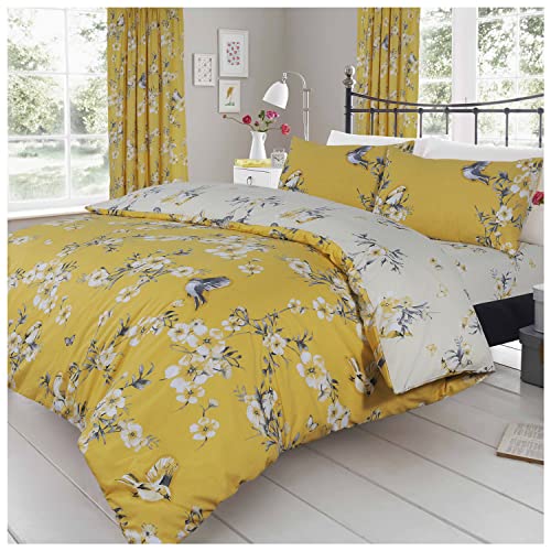 GC GAVENO CAVAILIA Reversible Birdie Blossom Duvet Cover, Easy Care Quilt Bed Set, Premium Quality, Ochre, Kingsize, Polycotton, King