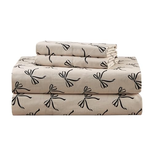 "Comfort Spaces 100% Cotton Percale Sheets Queen Size 4 Pcs, Bow Black/Taupe - Crisp, Cool & Breathable Bed Sheets, 14"" Deep Pocket Fits Up to 16"" Mattress, Lightweight, All Season Cozy, with Pillow Case"