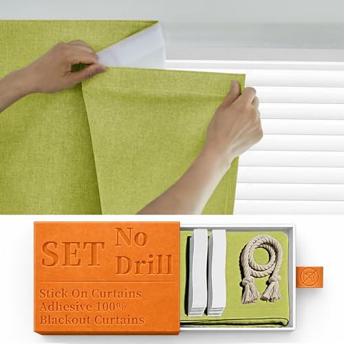 100% Blackout Self Adhesive Curtains Portable Curtain Simple and Easy to install Bedroom Window Thermal Lnsulated Kitchen Room Darkening Black Small Drapes, W35 x L72 inch, 1 Panel, Fruit Green