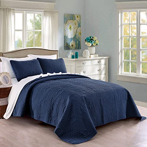 Pure Bedding Quilt Set Full/Queen Size Navy - Oversized Bedspread - Soft Microfiber Lightweight Coverlet for All Season - 3 Piece Includes 1 Quilt and 2 Shams, Geometric Pattern